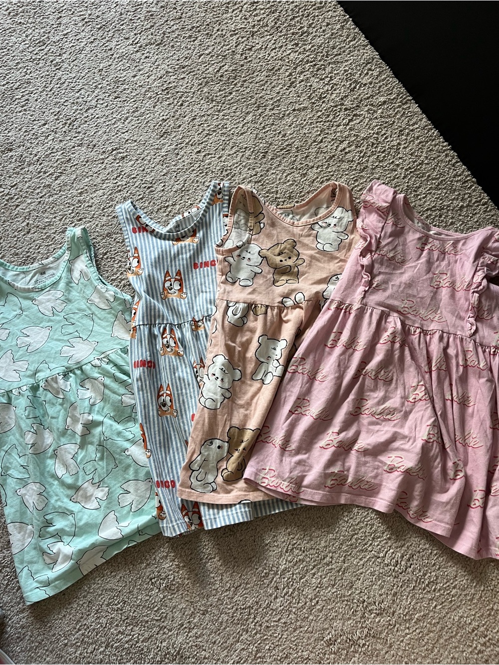Kids Dresses Set - Mint Green, Blue, Beige, Pink (4 dresses)